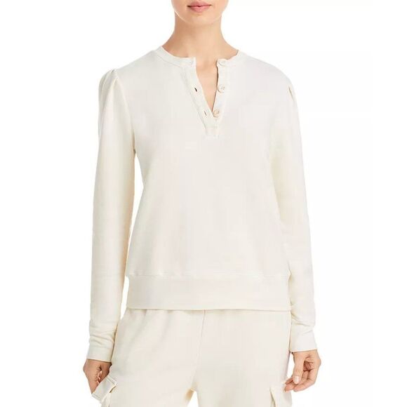 Monrow Tucked Sleeve Henley Pullover Shirt in Cream Women's Small - Picture 3 of 7